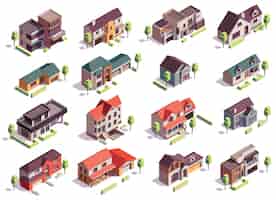 Vector gratuito composición isométrica de edificios suburbios con dieciséis imágenes aisladas de casas residenciales modernas con garajes y árboles