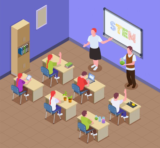 Composición isométrica de educación STEM con un escenario interior en el aula y niños sentados en escritorios con personajes docentes