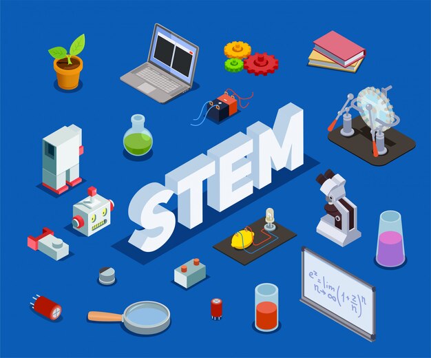 Composición isométrica de educación STEM con texto engorroso y elementos aislados relacionados con la ciencia, la tecnología, la ingeniería, las matemáticas