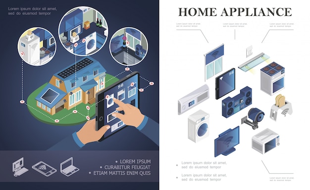 Vector gratuito composición isométrica de electrodomésticos con aire acondicionado centro de música persiana microondas tostadora tv lavadora tableta estufa sistema de video vigilancia composición inteligente para el hogar