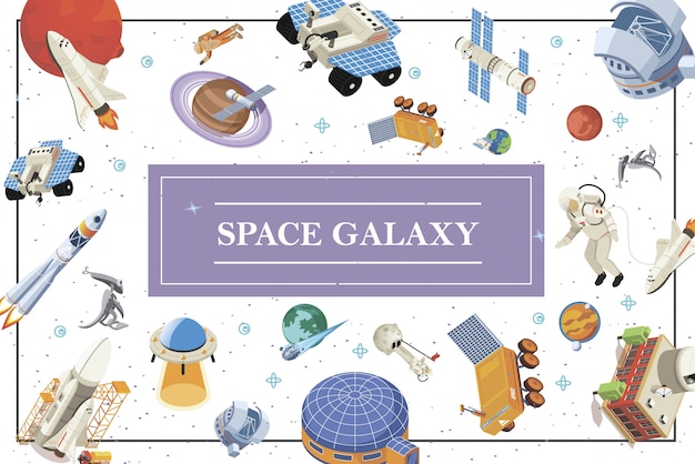 Composición isométrica de elementos espaciales con naves espaciales, satélites, cohetes, astronautas, extraterrestres, planetas ovni, estación cósmica y base lunar.