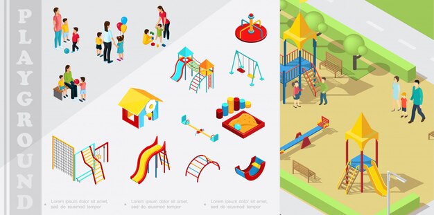 Composición isométrica de elementos de juegos infantiles con toboganes de playhouse, caja de arena, columpios, escaleras, balancín, padres jugando con niños