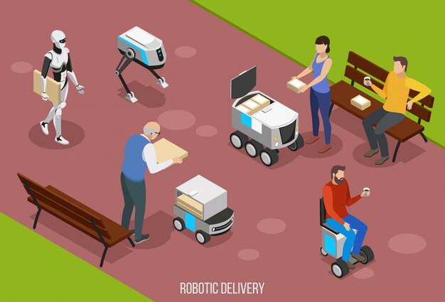 Composición isométrica de entrega robótica con personas que reciben su pedido utilizando la ilustración de vehículos autónomos