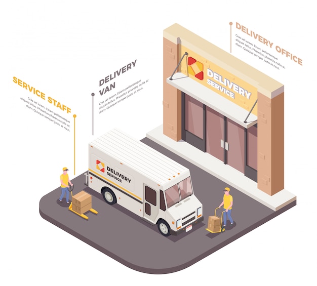 Vector gratuito composición isométrica del envío de logística de entrega con imágenes de la camioneta de reparto de los miembros del personal e ilustración de subtítulos de texto infográfico