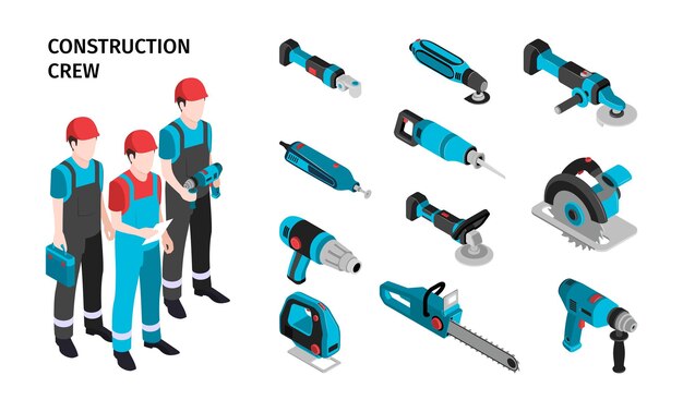Composición isométrica del equipo de construcción con personajes masculinos en uniforme y niño de herramientas eléctricas para la ilustración de vector de trabajo