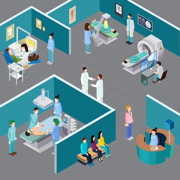 Composición isométrica de equipos médicos con caracteres humanos de profesionales de la salud y pacientes en varias habitaciones de hospital ilustración vectorial