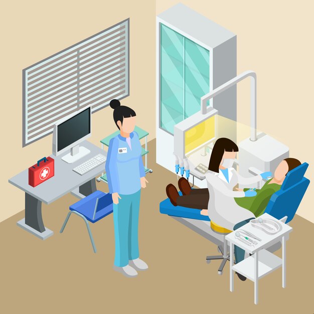 Composición isométrica de equipos médicos con personajes humanos interiores de cirugía dental de médicos pacientes e instalaciones terapéuticas ilustración vectorial