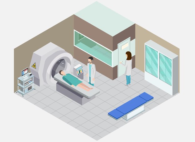 Composición isométrica de equipos médicos con vista de la habitación del hospital con personas y aparatos para procedimientos de medicina nuclear
