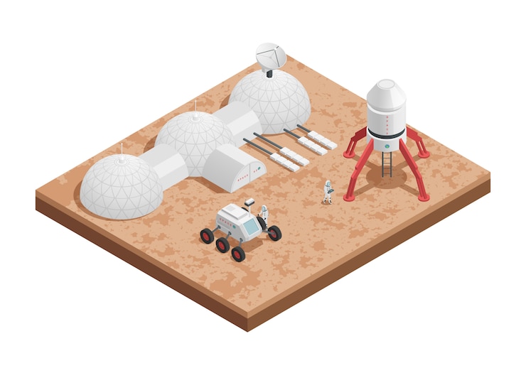 Vector gratuito composición isométrica del espacio del cohete de color con plataforma para lanzar cohetes y su ingeniería