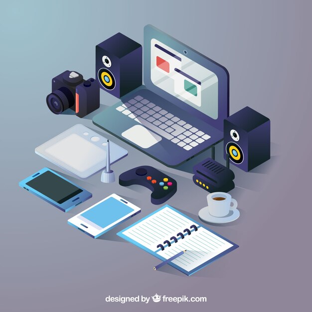 Composición isométrica con espacio de trabajo