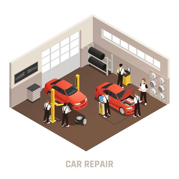 Composición isométrica de la estación de autoservicio de mantenimiento de reparación de automóviles