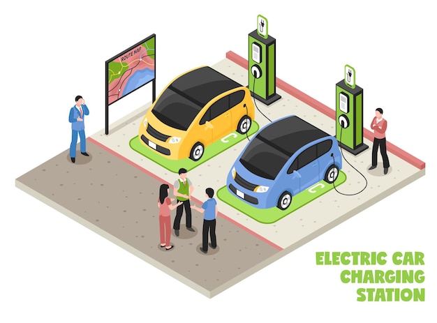 Composición isométrica de la estación de carga de automóviles eléctricos con empleados y clientes que esperan que sus autos sean reparados