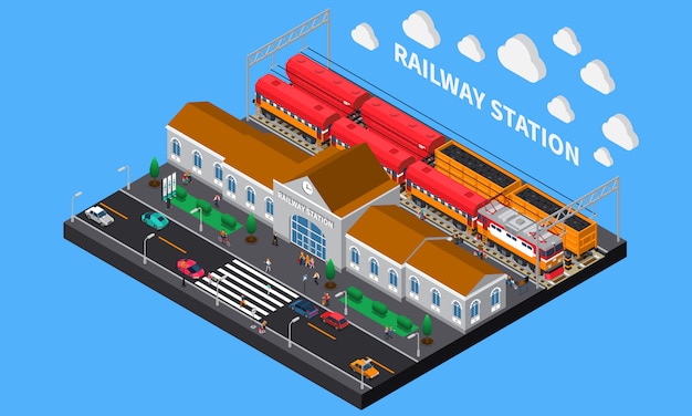 Vector gratuito composición isométrica de la estación de ferrocarril