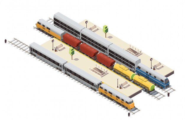 Composición isométrica de la estación de tren con plataformas de pasajeros, escalera de túnel, tren de carga de entrada e ilustración de dos pisos