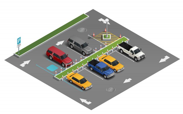 Composición isométrica de estacionamiento de transporte
