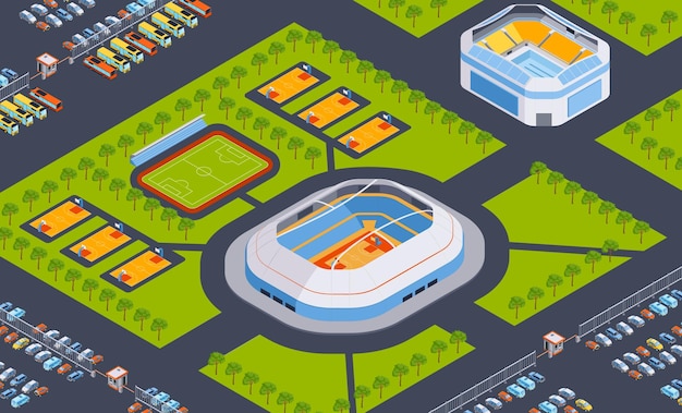 Vector gratuito composición isométrica del estadio con paisaje al aire libre y estadios deportivos con área de parque y estacionamiento de automóviles ilustración vectorial