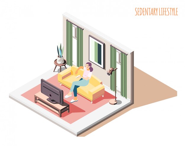 Composición isométrica de estilo de vida sedentario con personaje de mujer sentada en el sofá con ambiente interior doméstico y texto