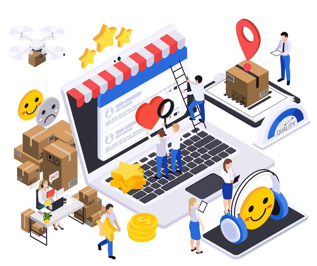 Composición isométrica de estrategia de crecimiento empresarial con cajas de paquetes de escaparate de portátiles reacciones de estrellas y corazones e ilustración de vectores de personas