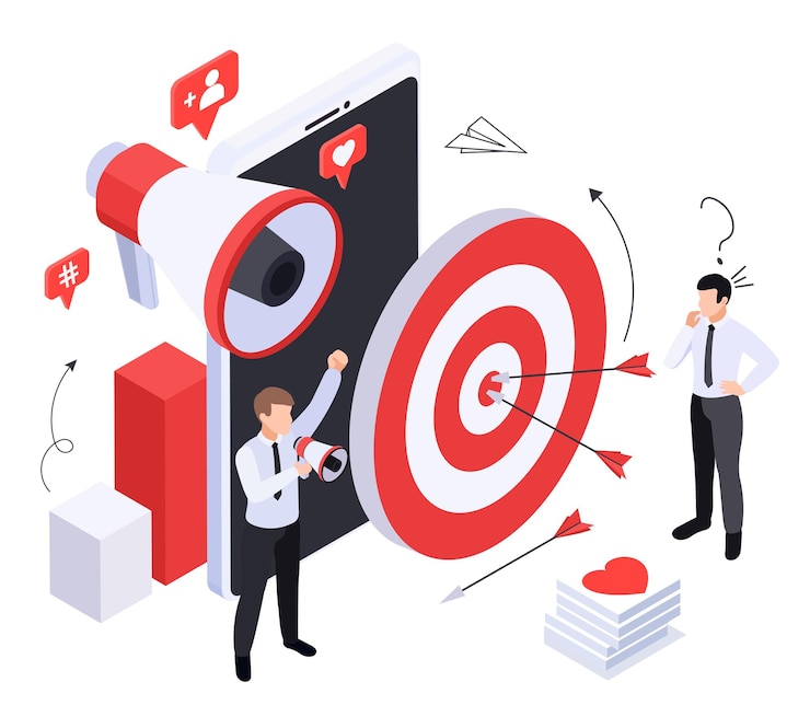 Vector gratuito composición isométrica de estrategia de crecimiento empresarial con iconos de megáfono y objetivo con reacciones sociales y personajes humanos ilustración vectorial