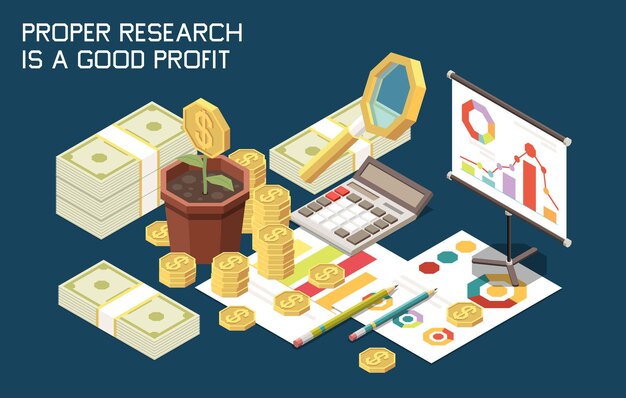 Composición isométrica de la estrategia de marketing con imágenes de escritorio de calculadora, montones de monedas y papeleo