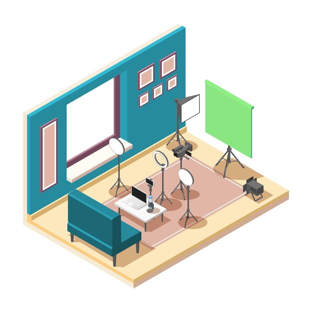 Composición isométrica del estudio de vlogging con equipo para grabar video ilustración 3d