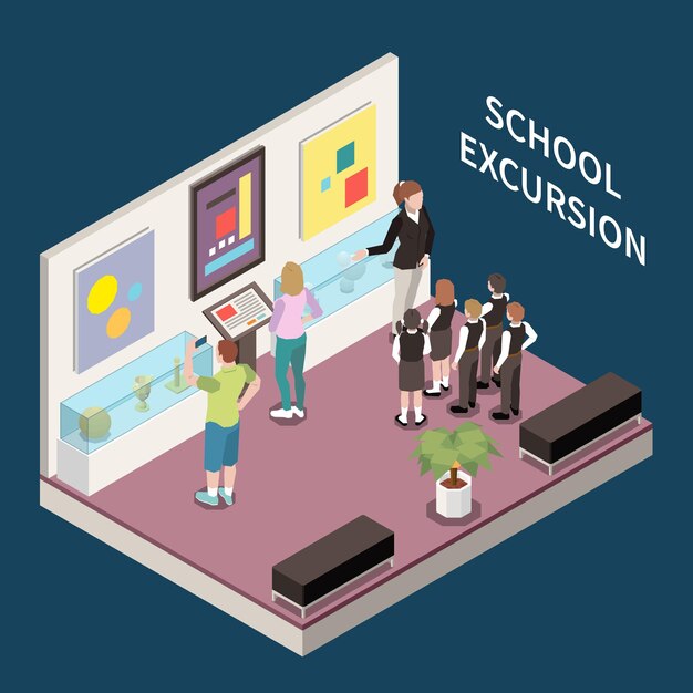 Composición isométrica de excursión escolar con grupo de alumnos escuchando al guía en la ilustración de la galería de arte