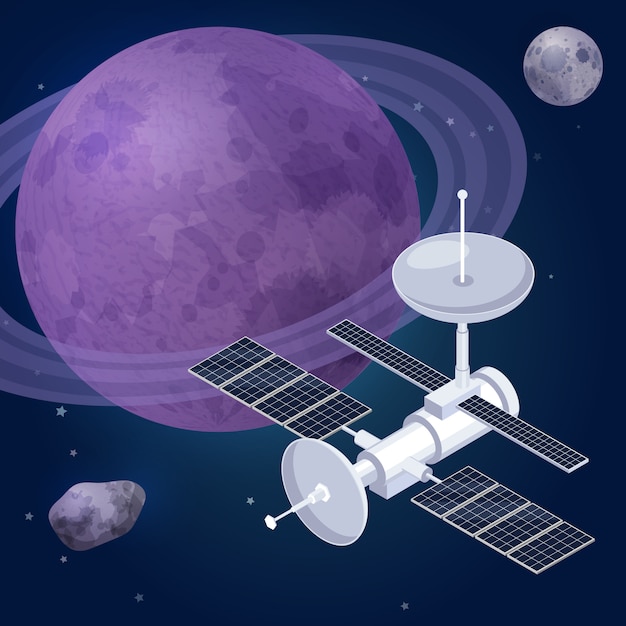 Composición isométrica de exploración espacial con vista de estrellas de planetas del espacio exterior y ilustración de vector de vehículo de observatorio de satélite artificial