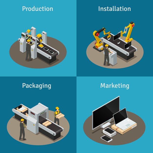Composición isométrica de la fábrica de productos electrónicos de cuatro cuadrados con instalación de producción, embalaje y comercialización.