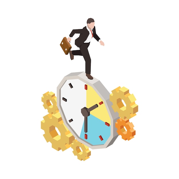 Vector gratuito composición isométrica de la fecha límite del cronograma de planificación de la gestión del tiempo con el carácter del trabajador que se ejecuta en la ilustración del vector del reloj del engranaje