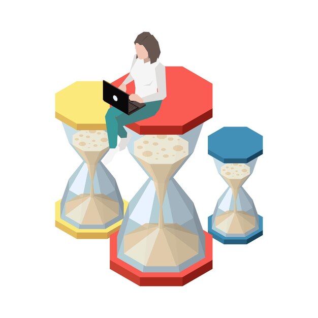Composición isométrica de fecha límite de planificación de planificación de gestión del tiempo con carácter de trabajador sentado en la ilustración de vector de reloj de arena