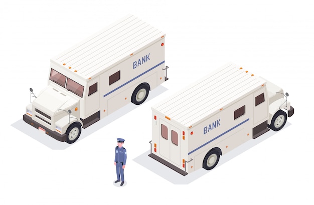 Composición isométrica financiera bancaria con imágenes aisladas de furgonetas bancarias de efectivo en tránsito