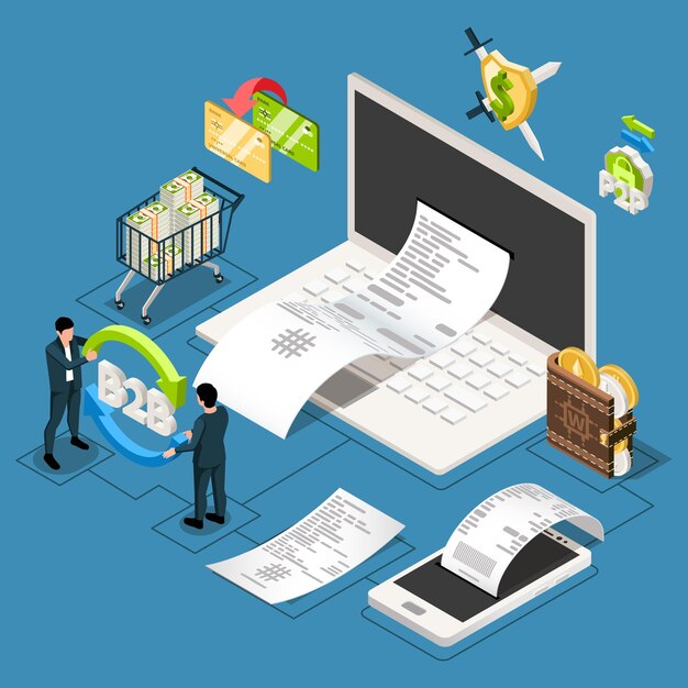 Composición isométrica de fintech con iconos y pictogramas de billeteras en efectivo y transacciones de pago con facturas de recibo ilustración vectorial