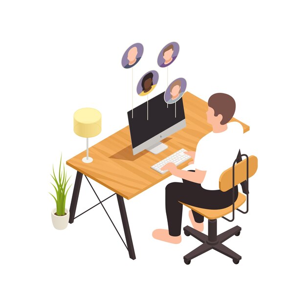 Composición isométrica de formación de equipos virtuales en línea con un trabajador masculino sentado en la mesa de la computadora con la ilustración de avatares de compañeros de trabajo