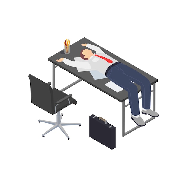 Composición isométrica de frustración de depresión de agotamiento profesional con carácter humano de trabajador acostado en la mesa de trabajo