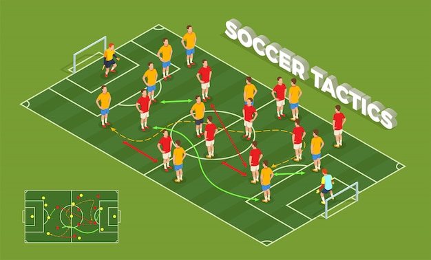 Composición isométrica de fútbol soccer personas con imagen conceptual de patio y jugadores de fútbol con flechas coloridas ilustración