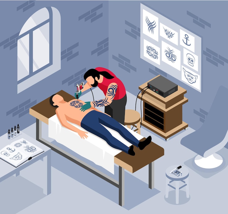 Vector gratuito composición isométrica del gabinete de tatuajes con cuerpo de hombre de pintura de tatuador