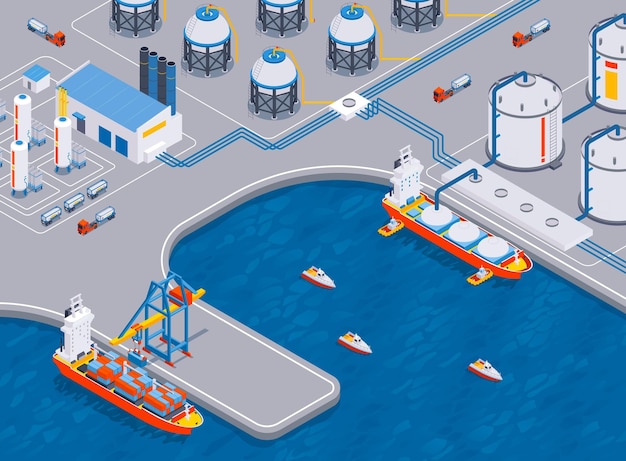 Vector gratuito composición isométrica de gas comprimido con vista exterior de la terminal marítima con contenedores, tanques de gas y barcos, ilustración vectorial