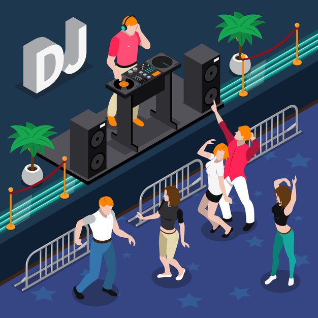 Composición isométrica con gente bailando en la fiesta de música de dj músico 3d ilustración vectorial