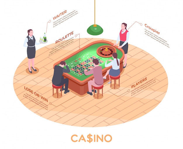 Composición isométrica con gente jugando a la ruleta en casino 3d