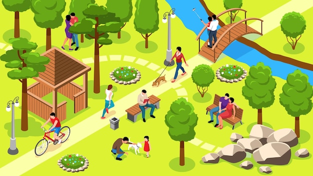 Composición isométrica de la gente del parque, la gente se relaja, juega y anda en bicicleta en una ilustración de vector de parque pintoresca y bellamente cuidada