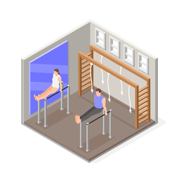 Vector gratuito composición isométrica de gimnasia con escenario interior de gimnasio y barras paralelas con espejo y atletas que realizan ejercicios de ilustración vectorial