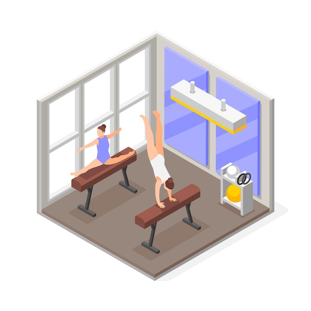 Vector gratuito composición isométrica de gimnasia con vista interior del lugar del gimnasio con dólares de pie y practicando personajes femeninos ilustración vectorial