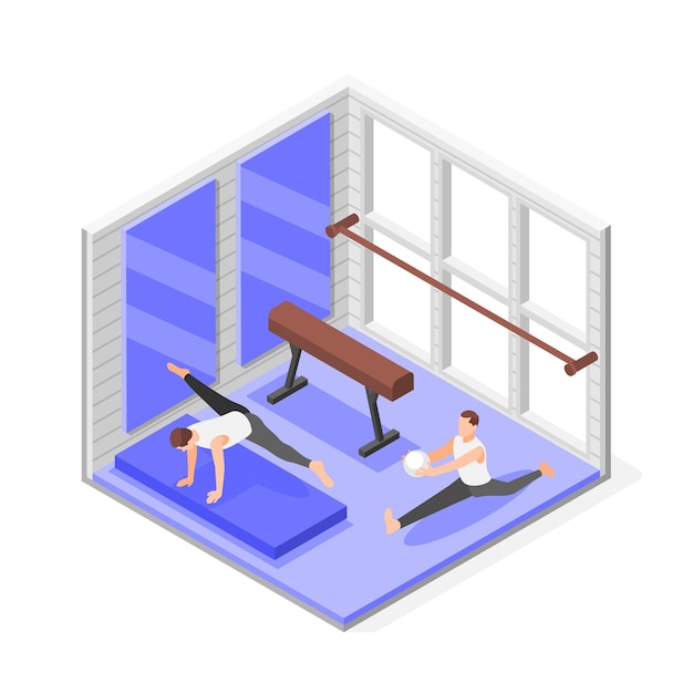 Composición isométrica de gimnasia con vista interior de la sala de gimnasia con dos atletas practicantes e ilustración vectorial de aparatos gimnásticos