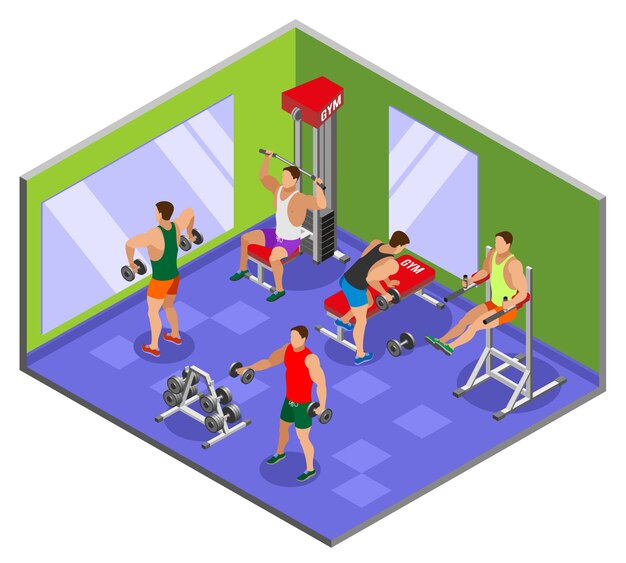 Composición isométrica del gimnasio de culturismo