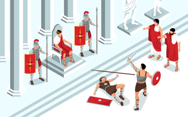 Composición isométrica de gladiadores de la antigua roma con vista de la sala del trono y el monarca viendo la ilustración de la lucha de la batalla del duelo