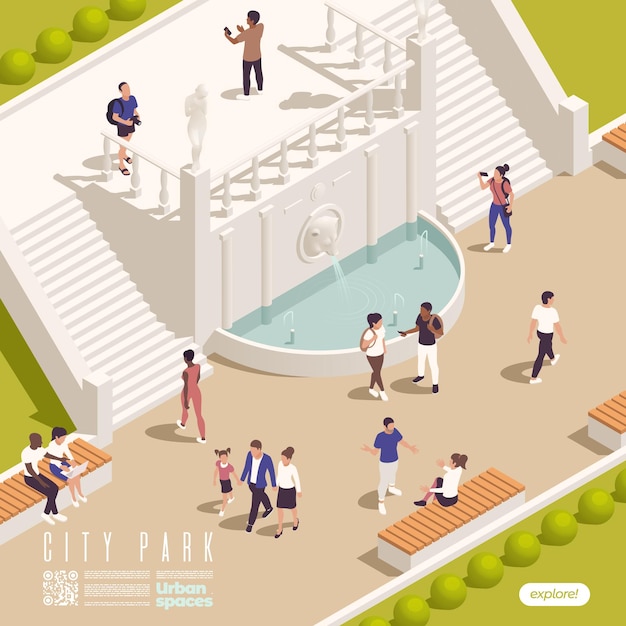 Composición isométrica de la glorieta de estanques de fuentes del parque con paisajes al aire libre de hito histórico con escaleras y personas ilustración vectorial