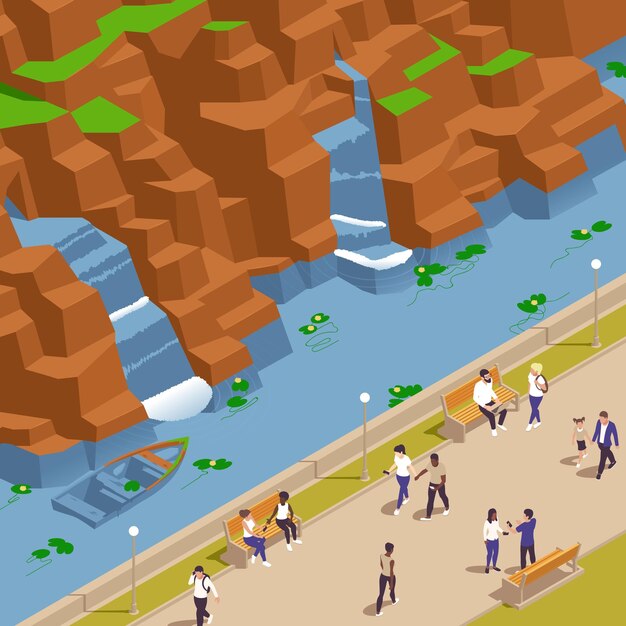 Composición isométrica de la glorieta de los estanques de las fuentes del parque con vistas a un hito natural con cascadas y una ilustración vectorial moderna del terraplén