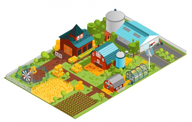 Composición isométrica de una granja rural