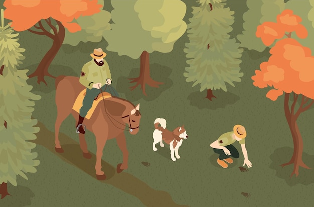 Vector gratuito composición isométrica de guardabosques con paisajes al aire libre y guardabosques a caballo con perro descubriendo senderos de animales ilustración vectorial