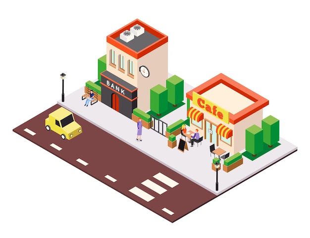 Composición isométrica de la ilustración de los edificios de la ciudad con vistas al café de la calle y casas bancarias con personajes de personas